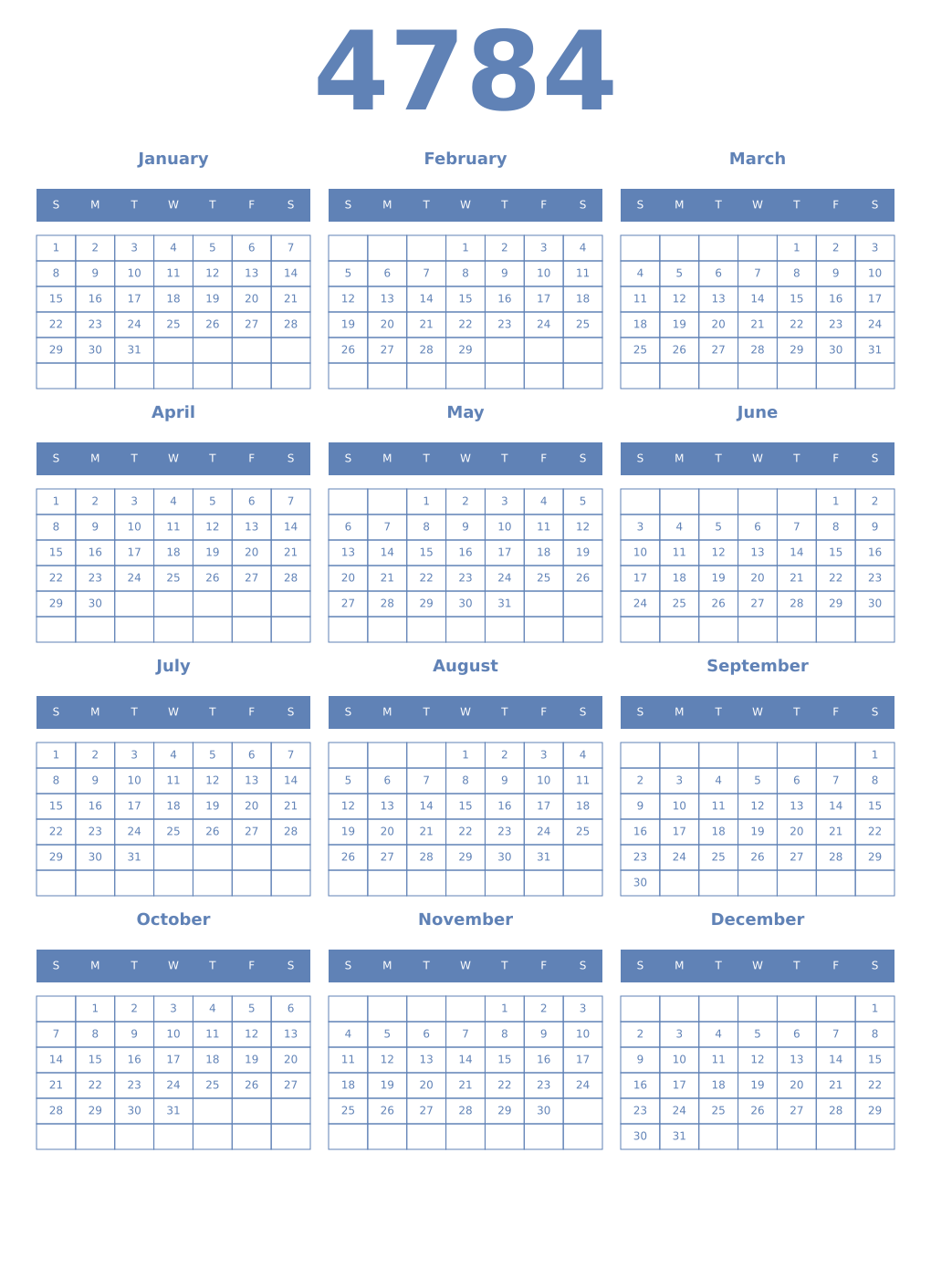 Printable 4784 Year Calendars glaucous