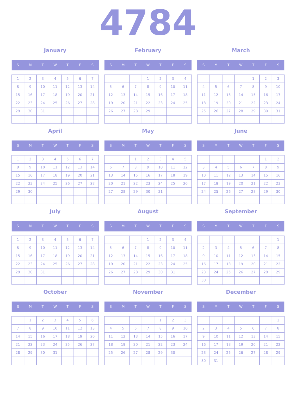 Printable 4784 Year Calendars periwinkle
