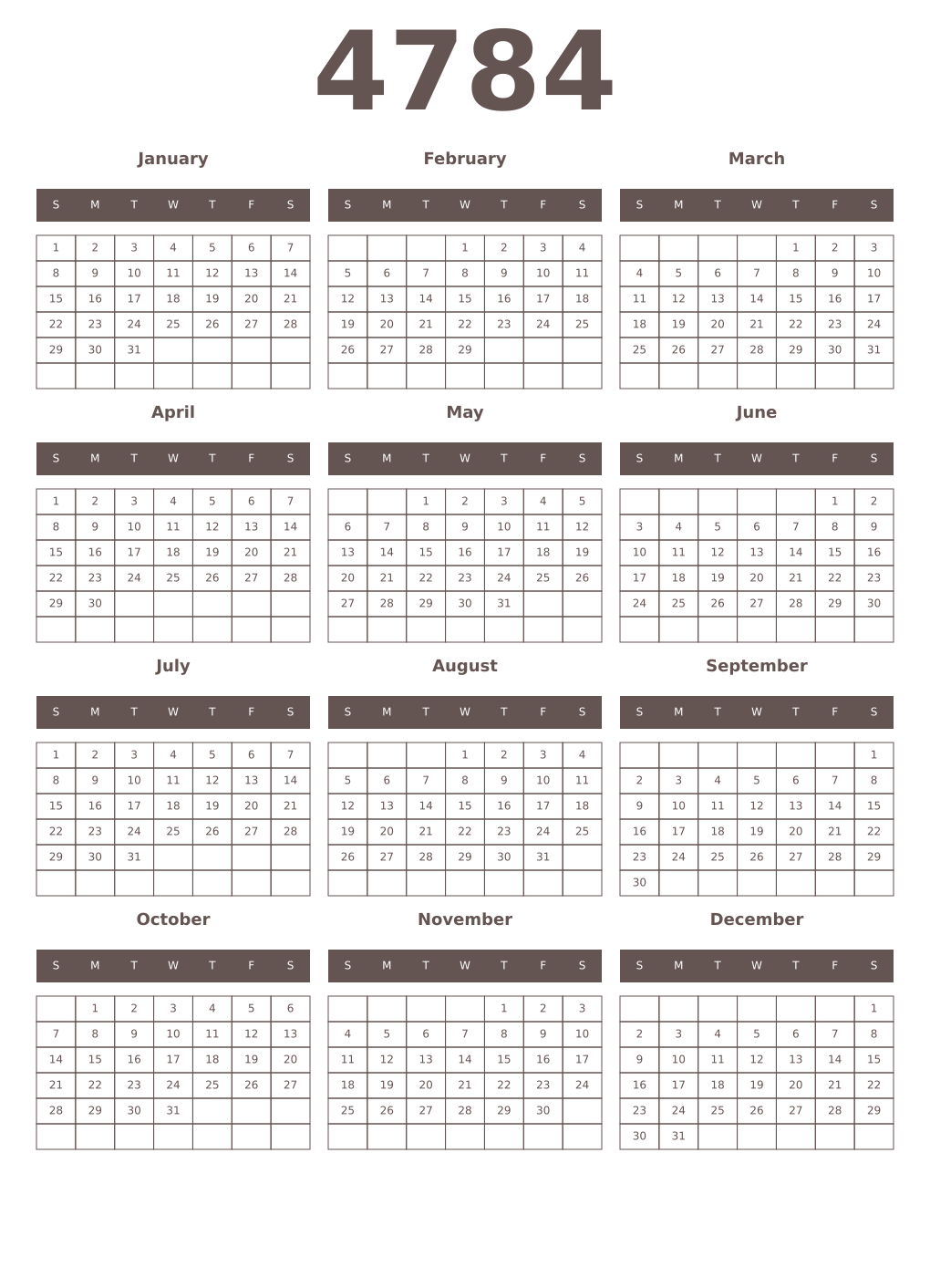 Printable 4784 Year Calendars wenge