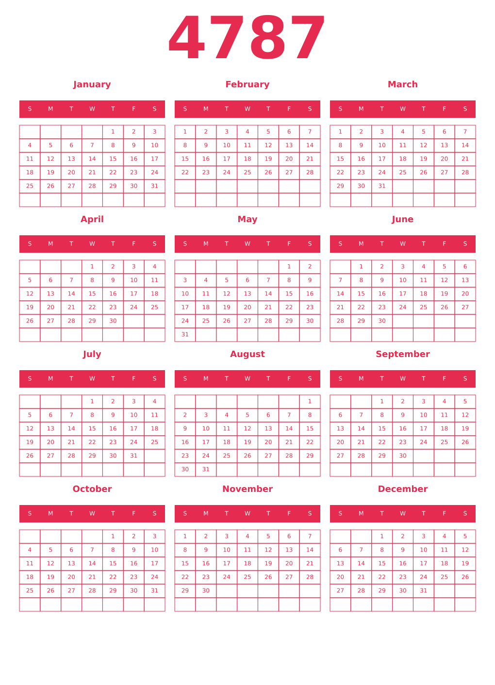 Printable 4787 Year Calendars amaranth