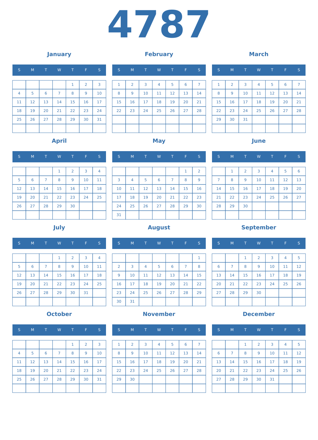 Printable 4787 Year Calendars blue