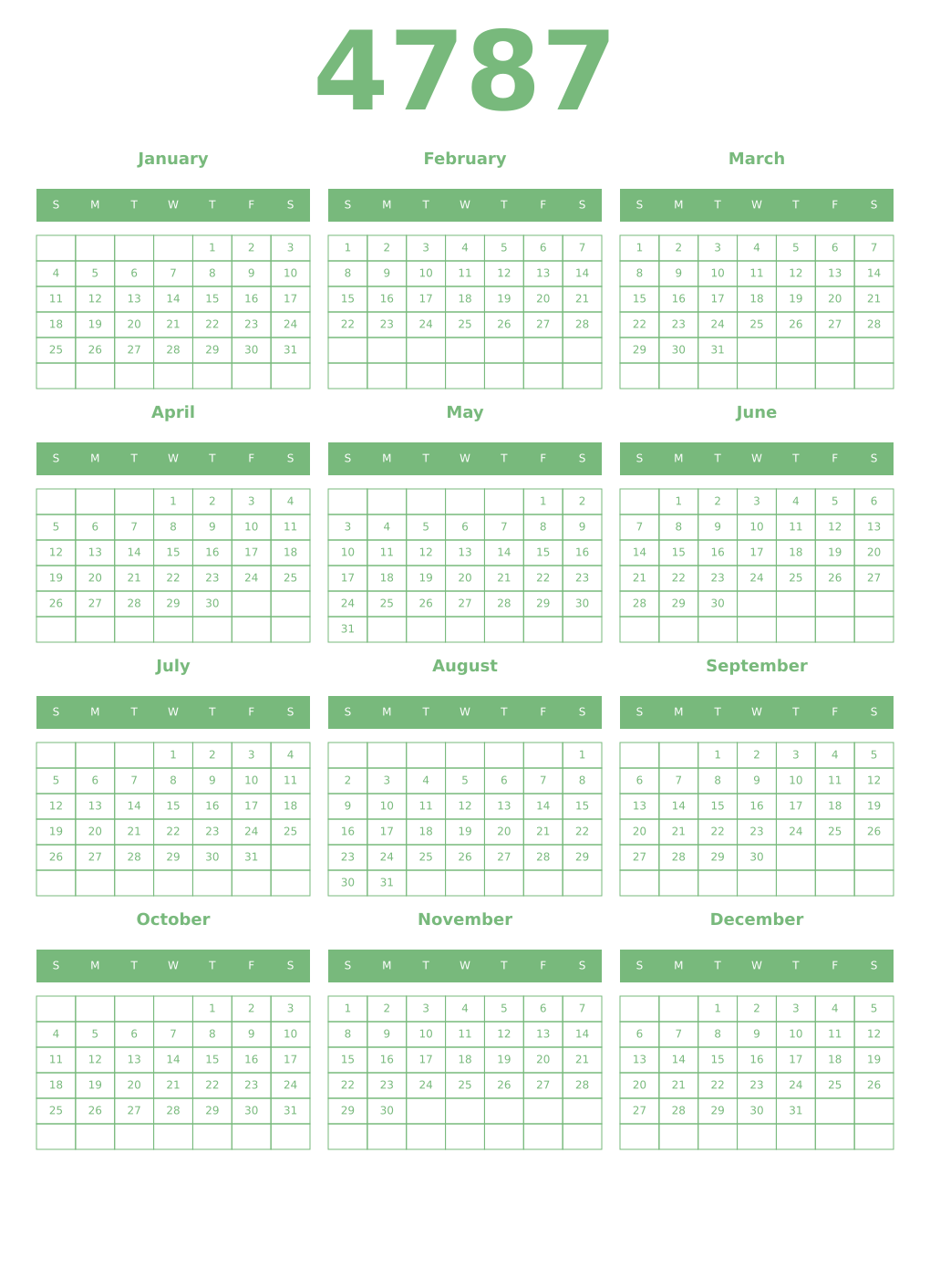Printable 4787 Year Calendars celadon