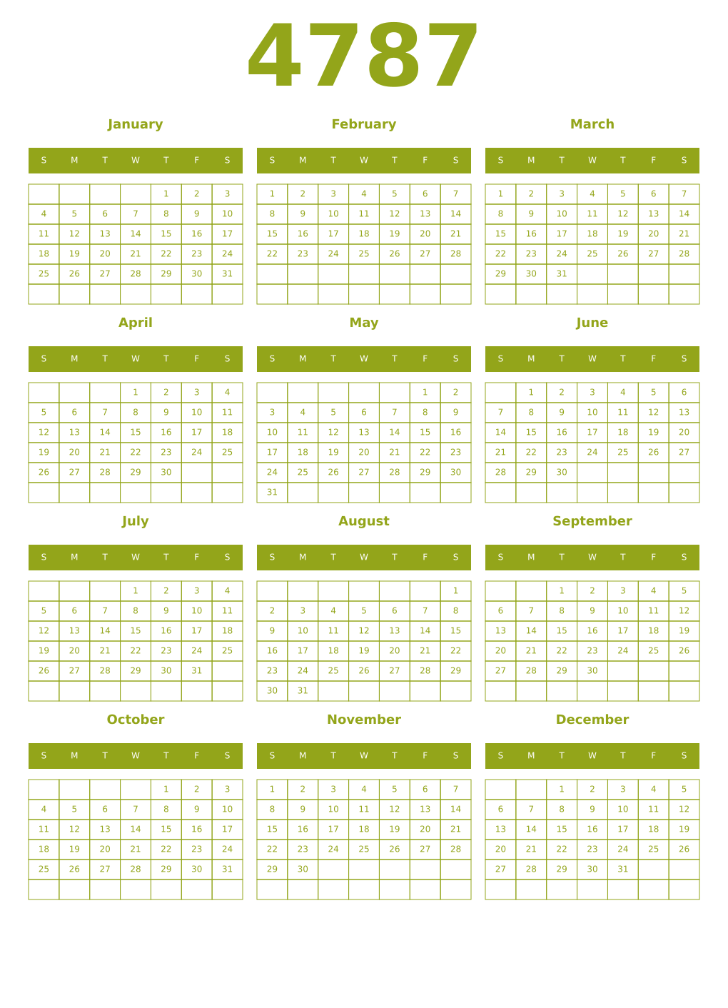 Printable 4787 Year Calendars chartreuse