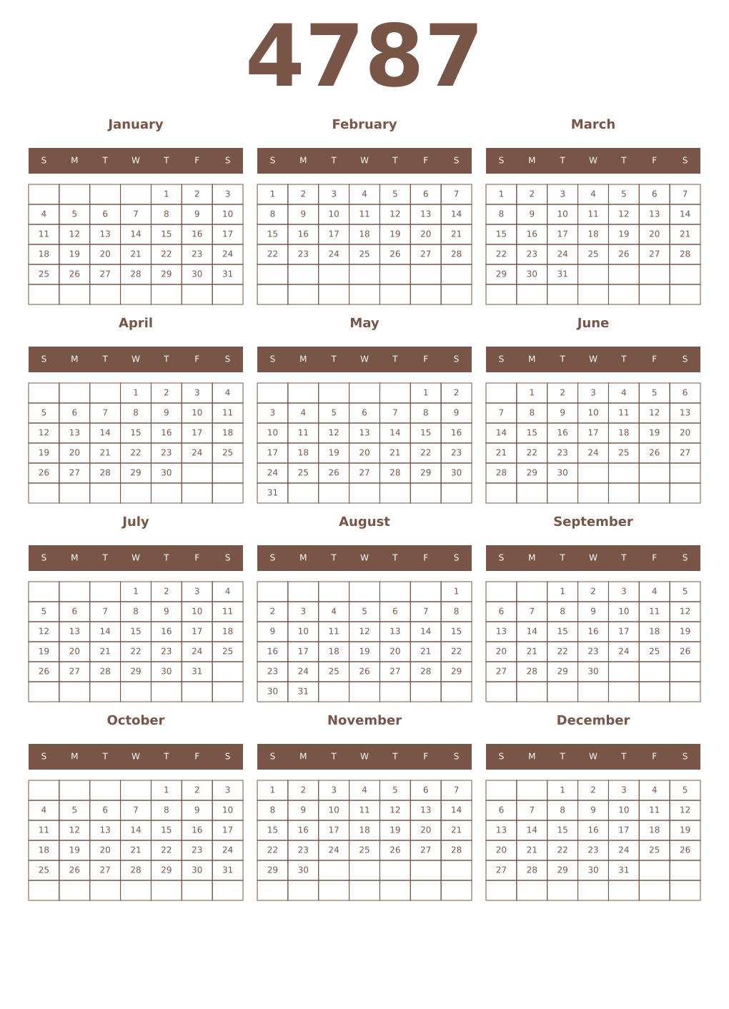 Printable 4787 Year Calendars coffe