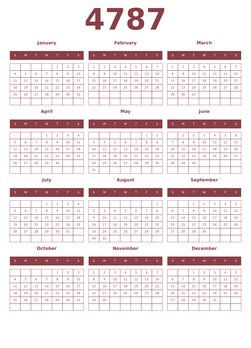 Printable 4787 Year Calendars cordovan