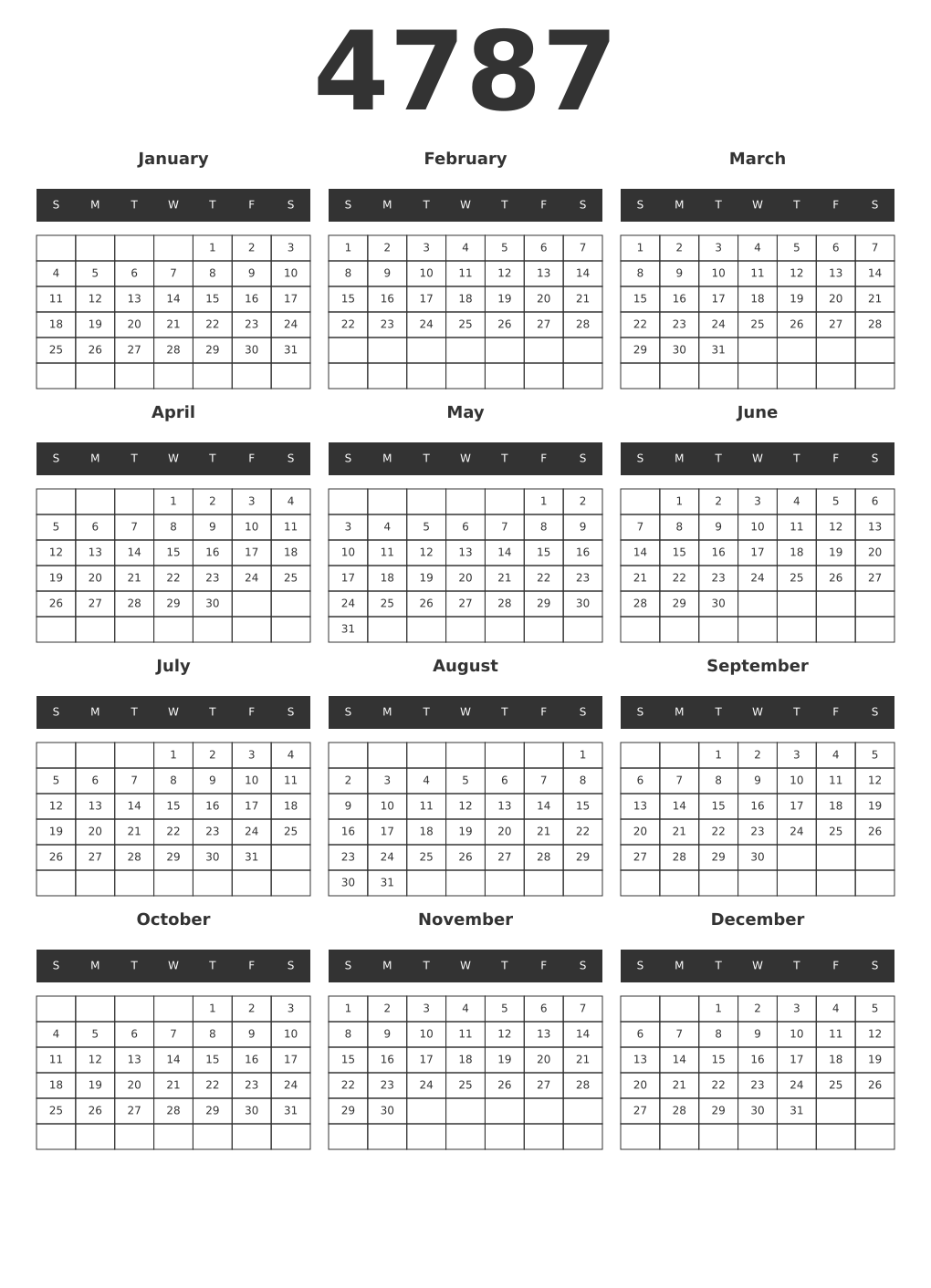 Printable 4787 Year Calendars dark