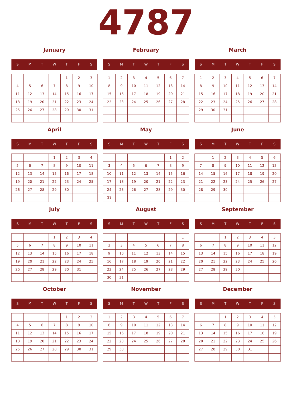 Printable 4787 Year Calendars falu