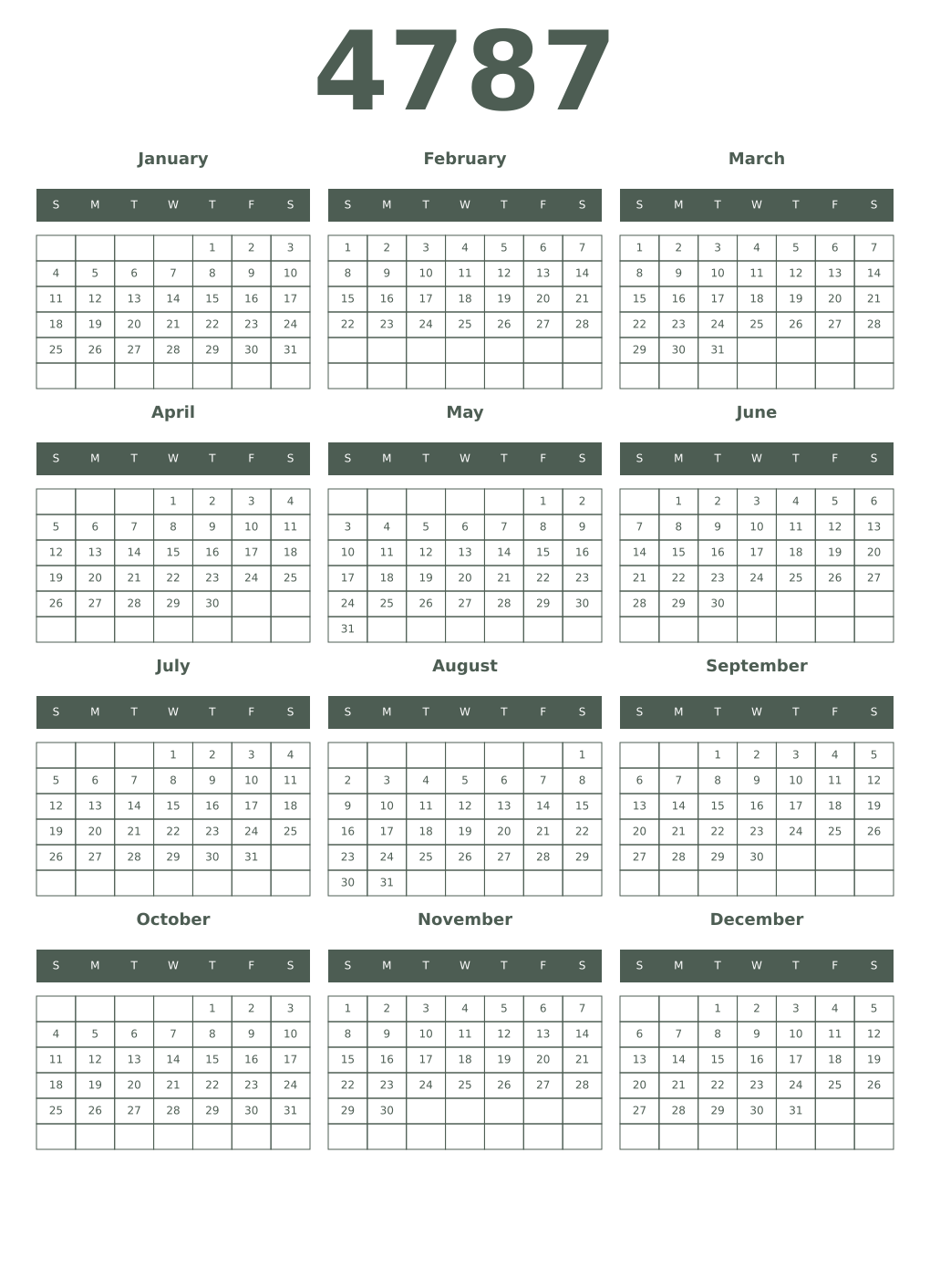Printable 4787 Year Calendars feldgrau