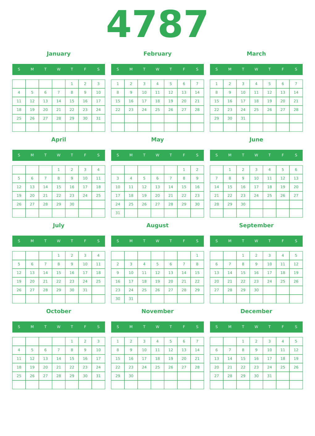 Printable 4787 Year Calendars green