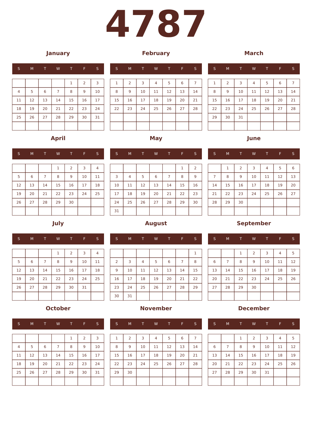 Printable 4787 Year Calendars mortuum