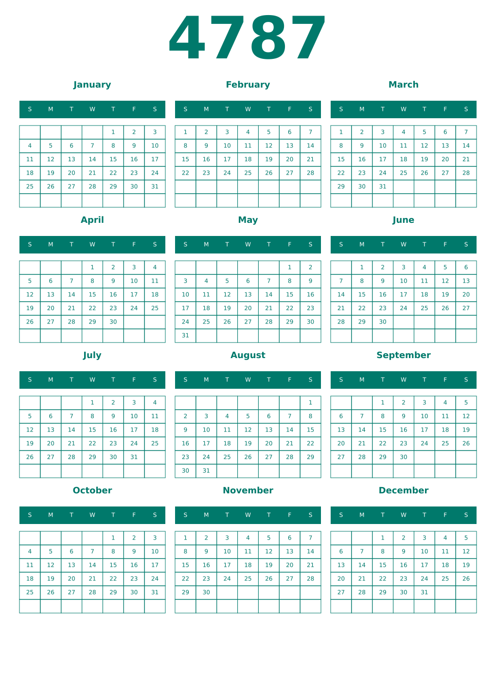 Printable 4787 Year Calendars pastel