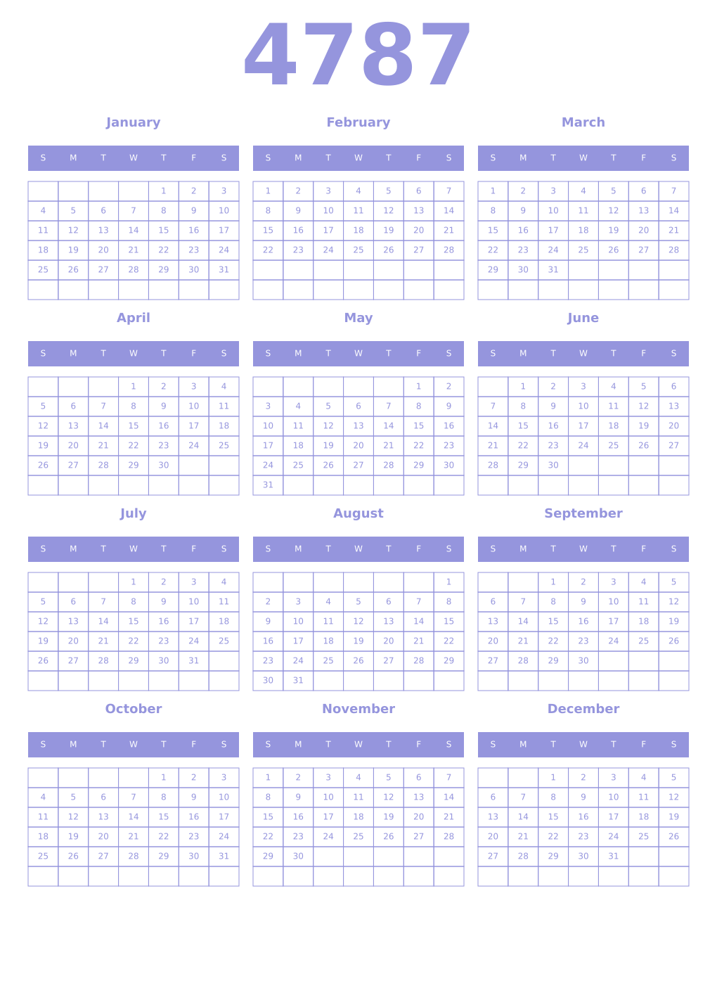 Printable 4787 Year Calendars periwinkle