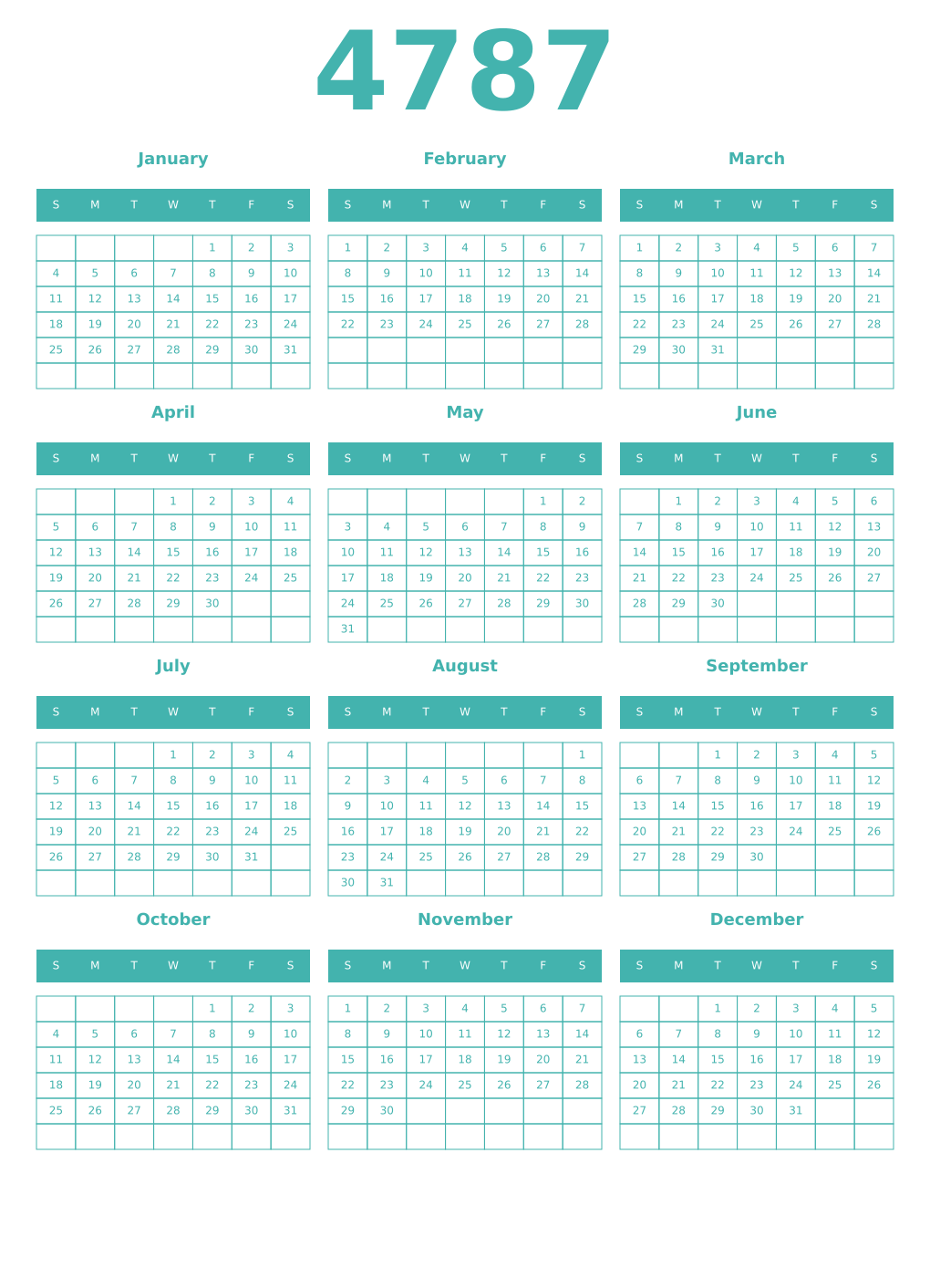 Printable 4787 Year Calendars verdigris