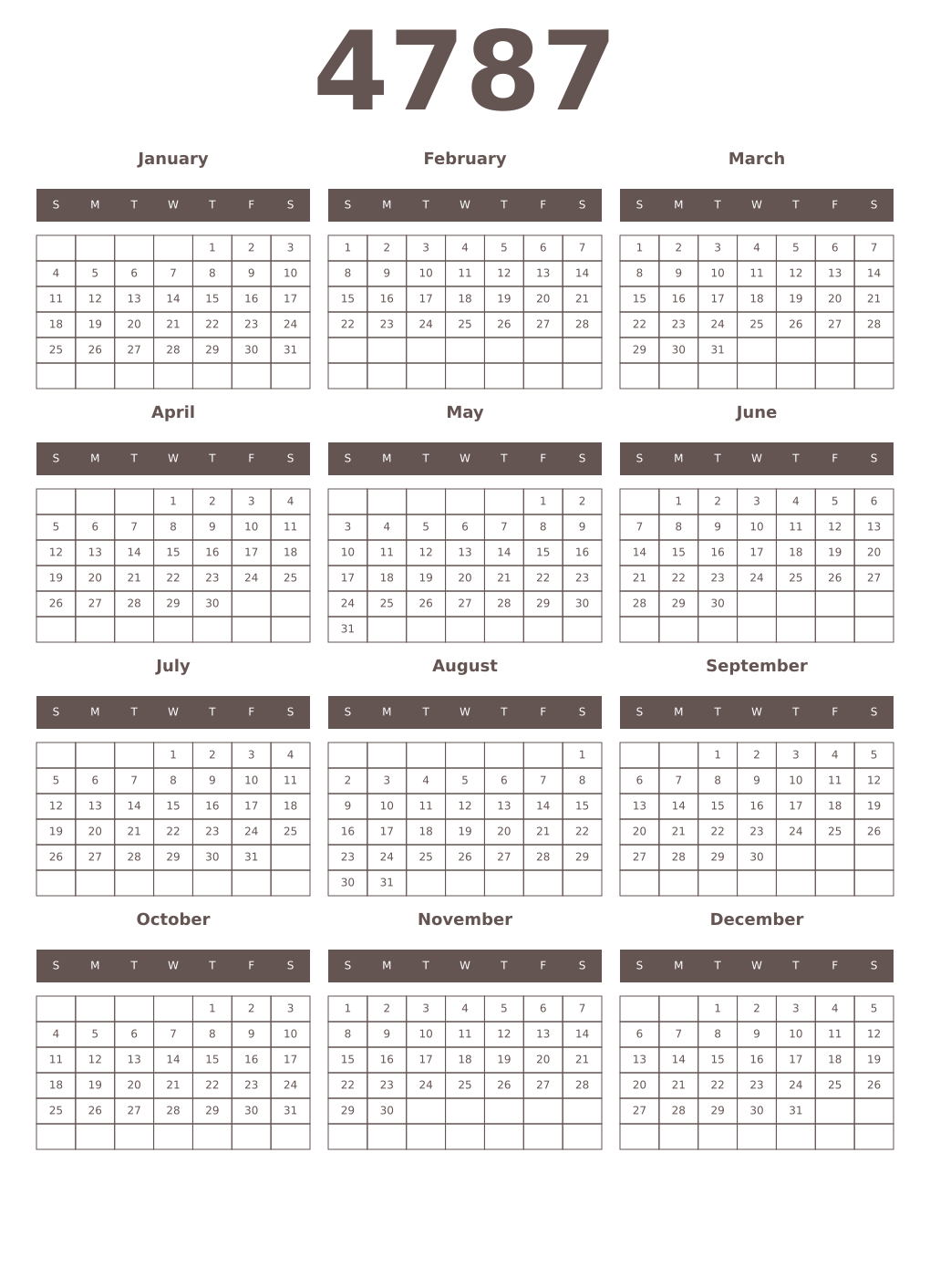 Printable 4787 Year Calendars wenge