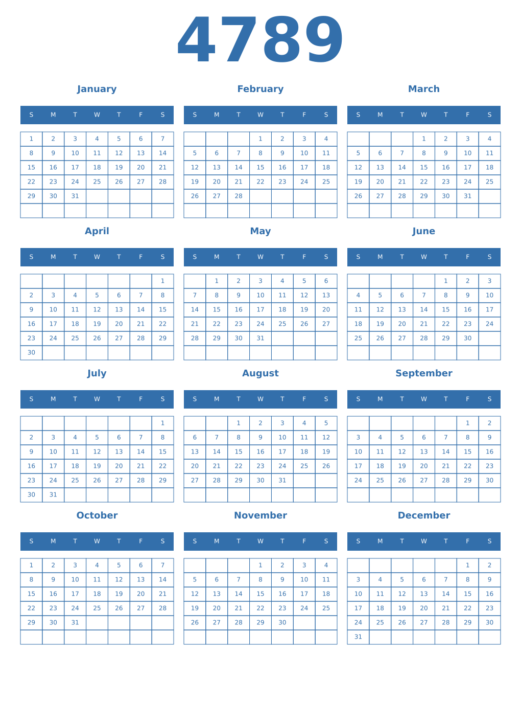 Printable 4789 Year Calendars blue