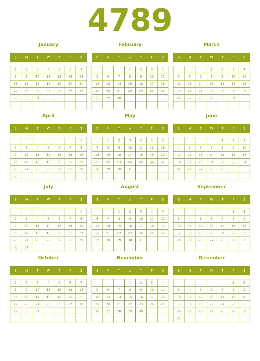 Printable 4789 Year Calendars chartreuse