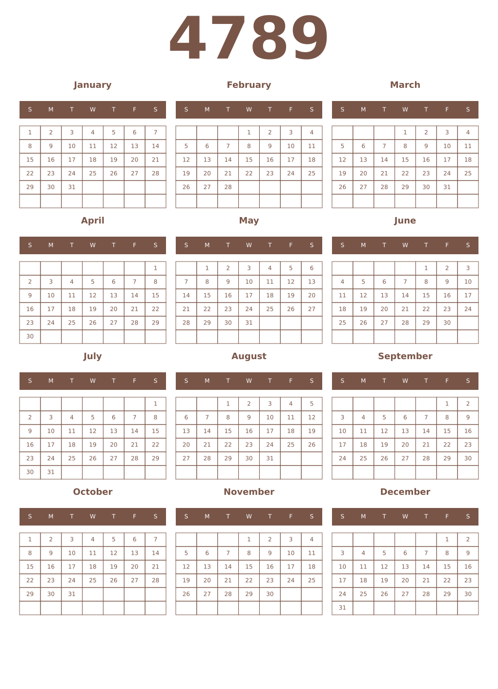 Printable 4789 Year Calendars coffe