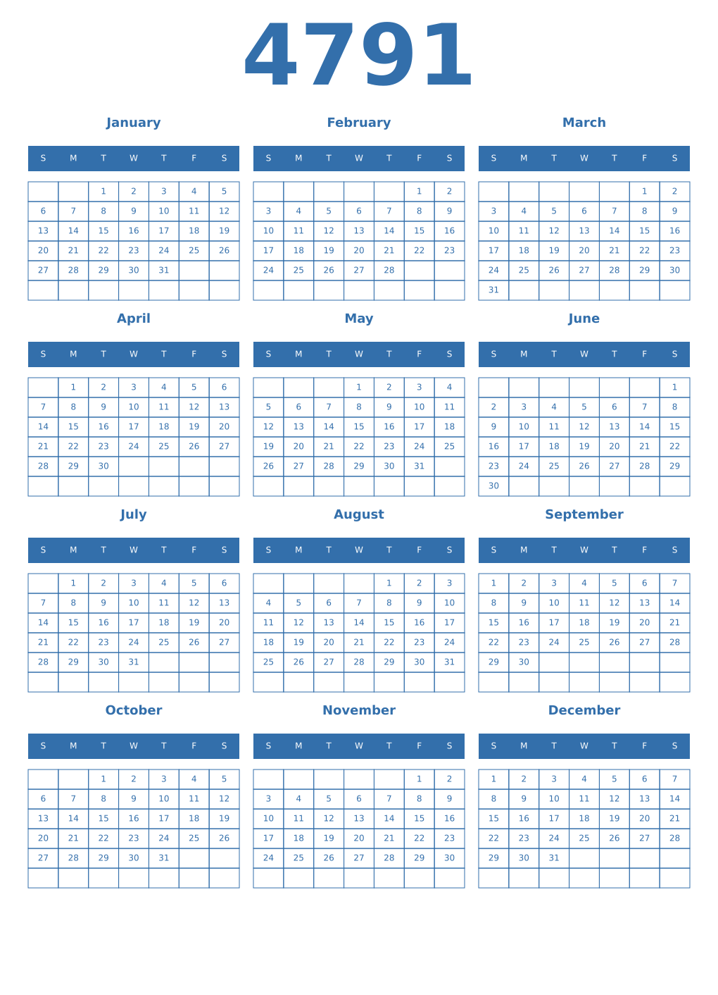 Printable 4791 Year Calendars blue