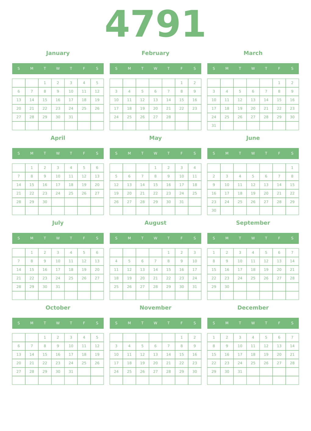 Printable 4791 Year Calendars celadon