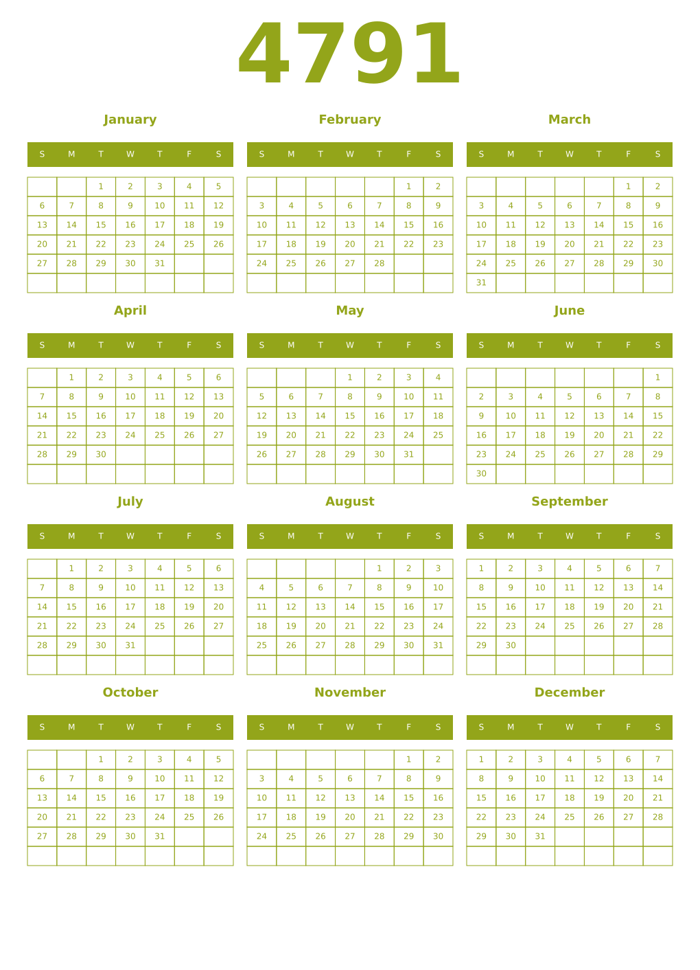 Printable 4791 Year Calendars chartreuse