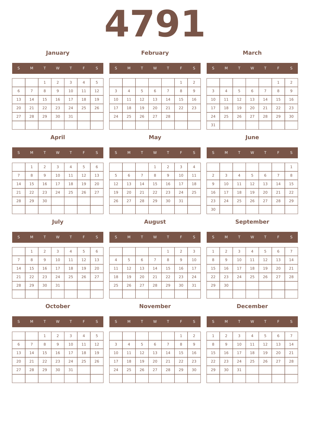 Printable 4791 Year Calendars coffe