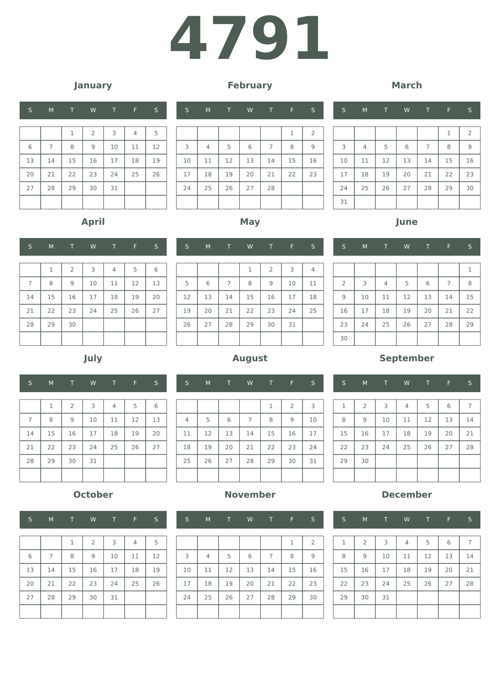 Printable 4791 Year Calendars feldgrau