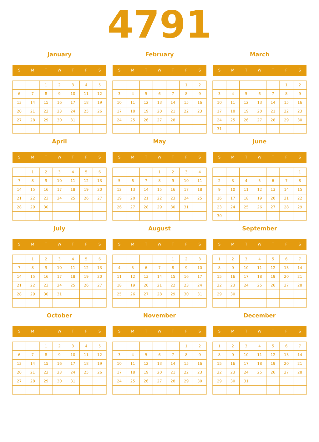 Printable 4791 Year Calendars gamboge