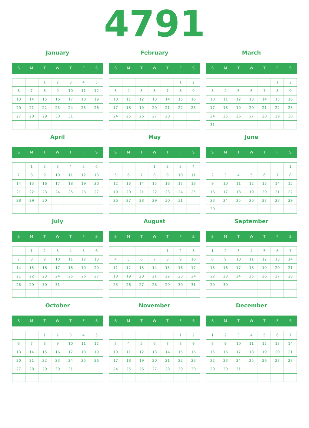 Printable 4791 Year Calendars green