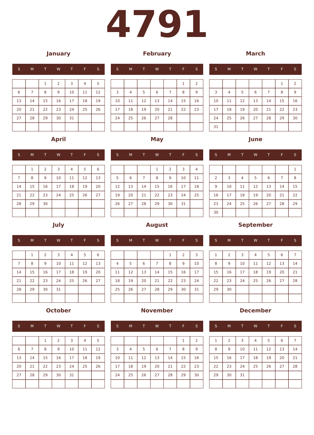 Printable 4791 Year Calendars mortuum