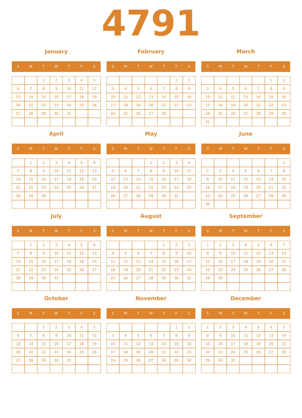 Printable 4791 Year Calendars orange