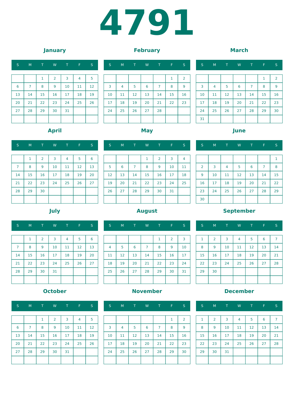 Printable 4791 Year Calendars pastel