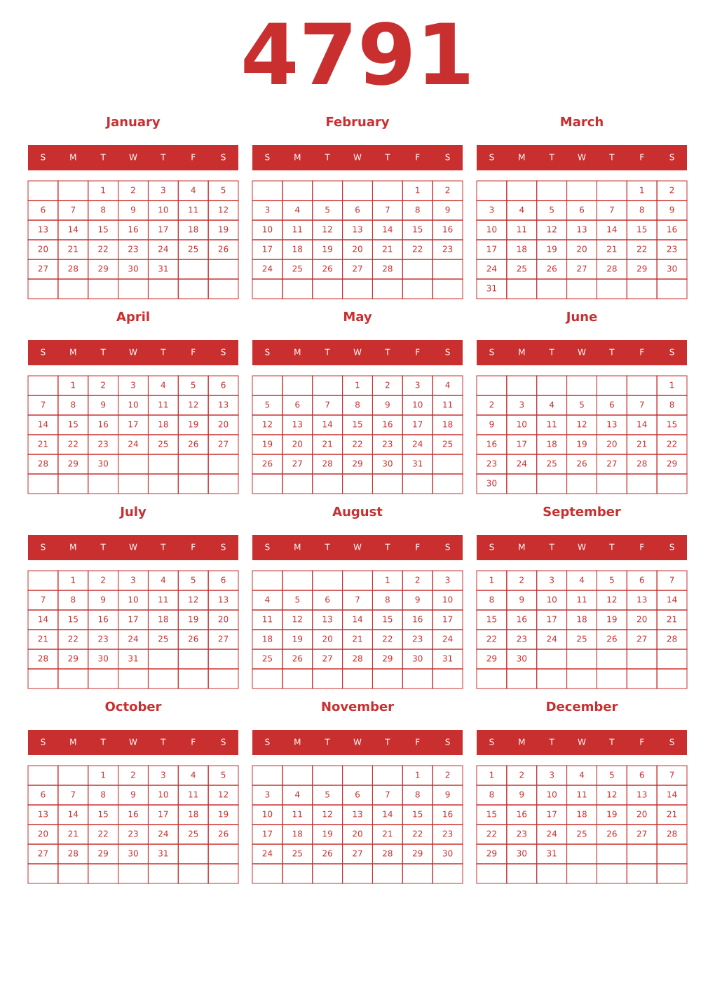 Printable 4791 Year Calendars red