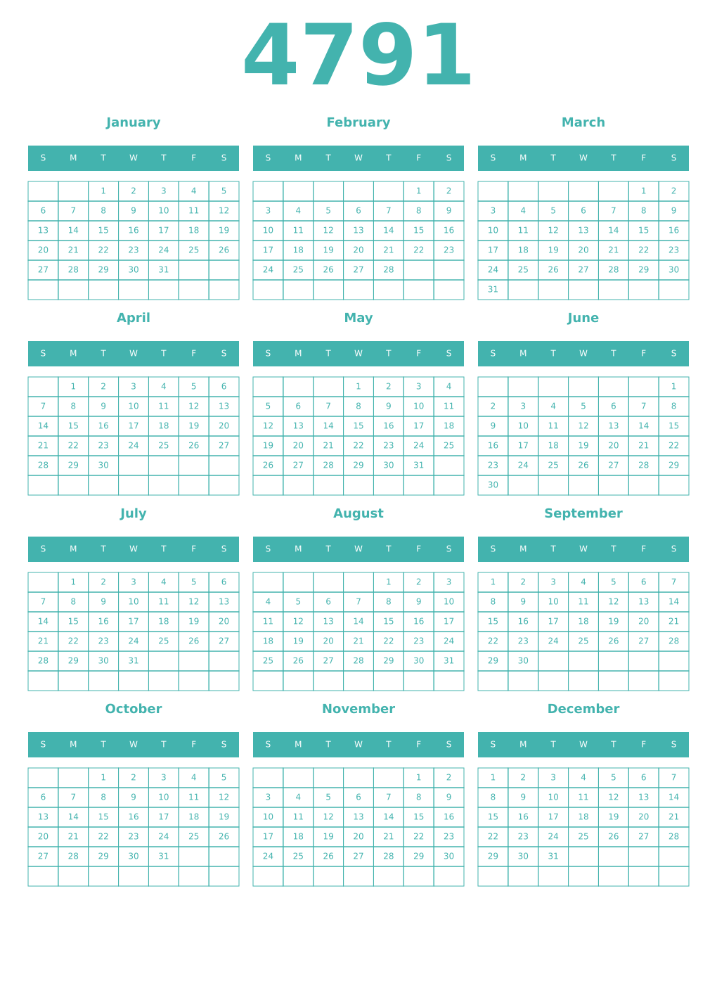 Printable 4791 Year Calendars verdigris