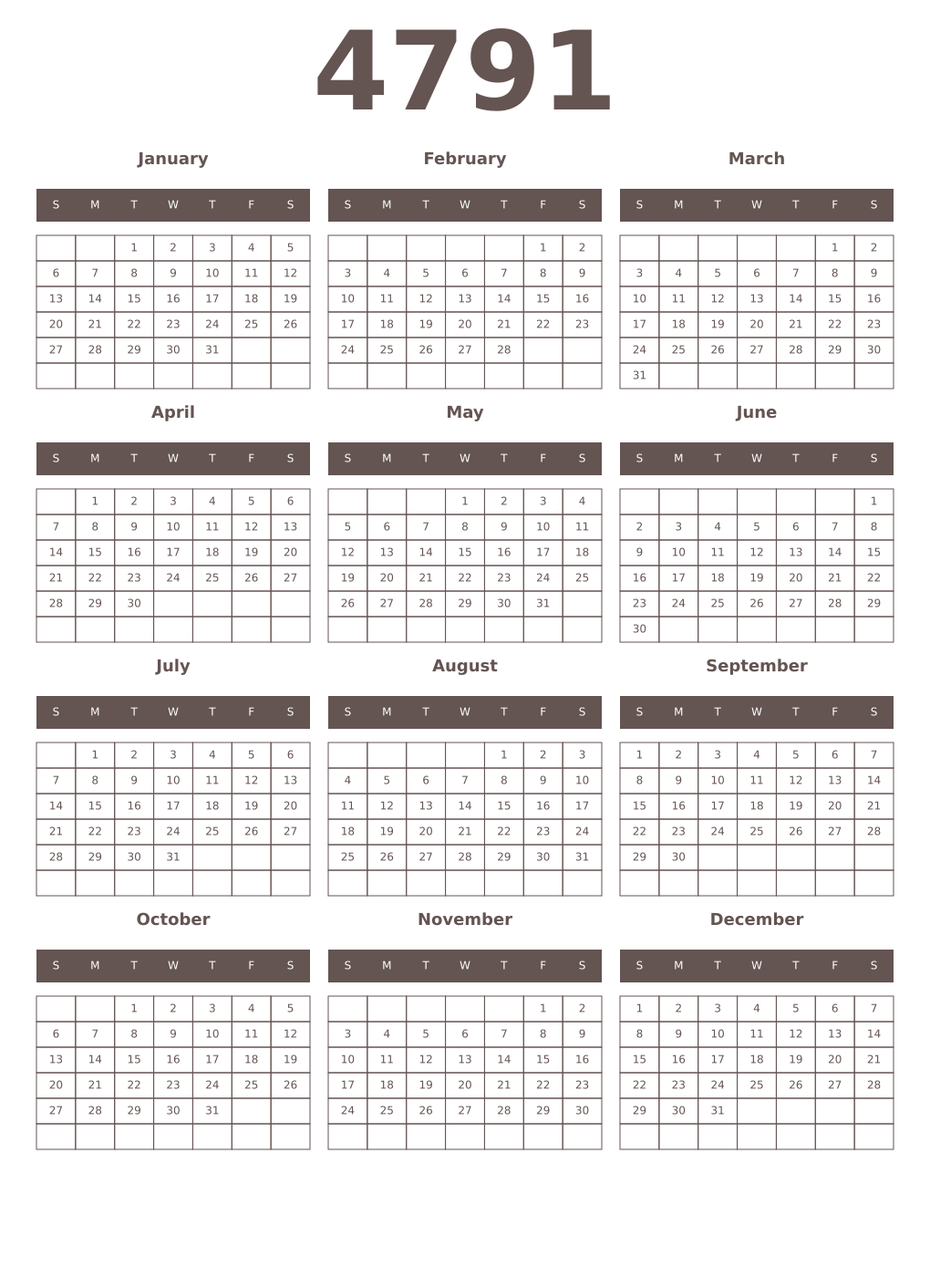 Printable 4791 Year Calendars wenge