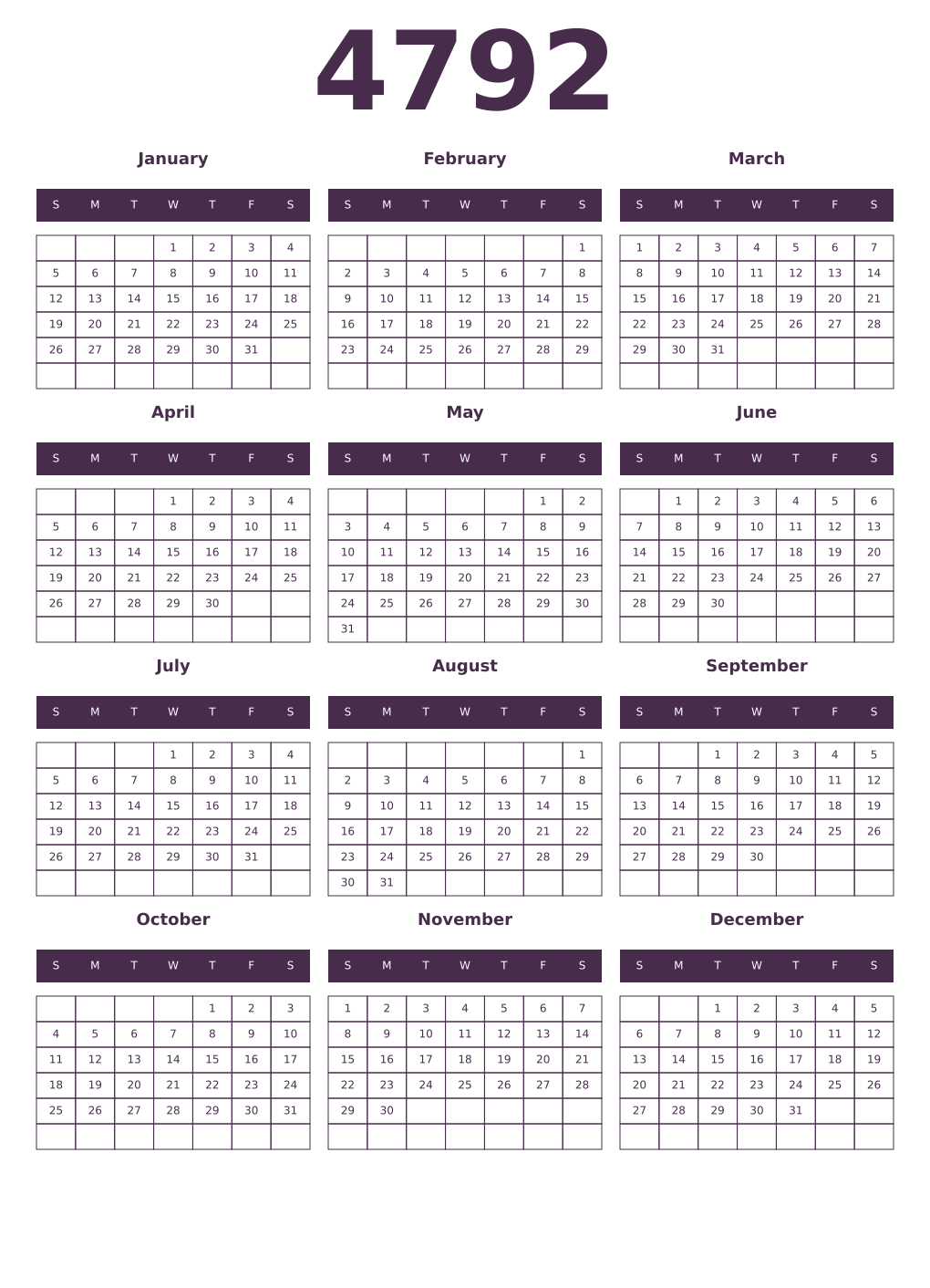 Printable 4792 Year Calendars aubergine