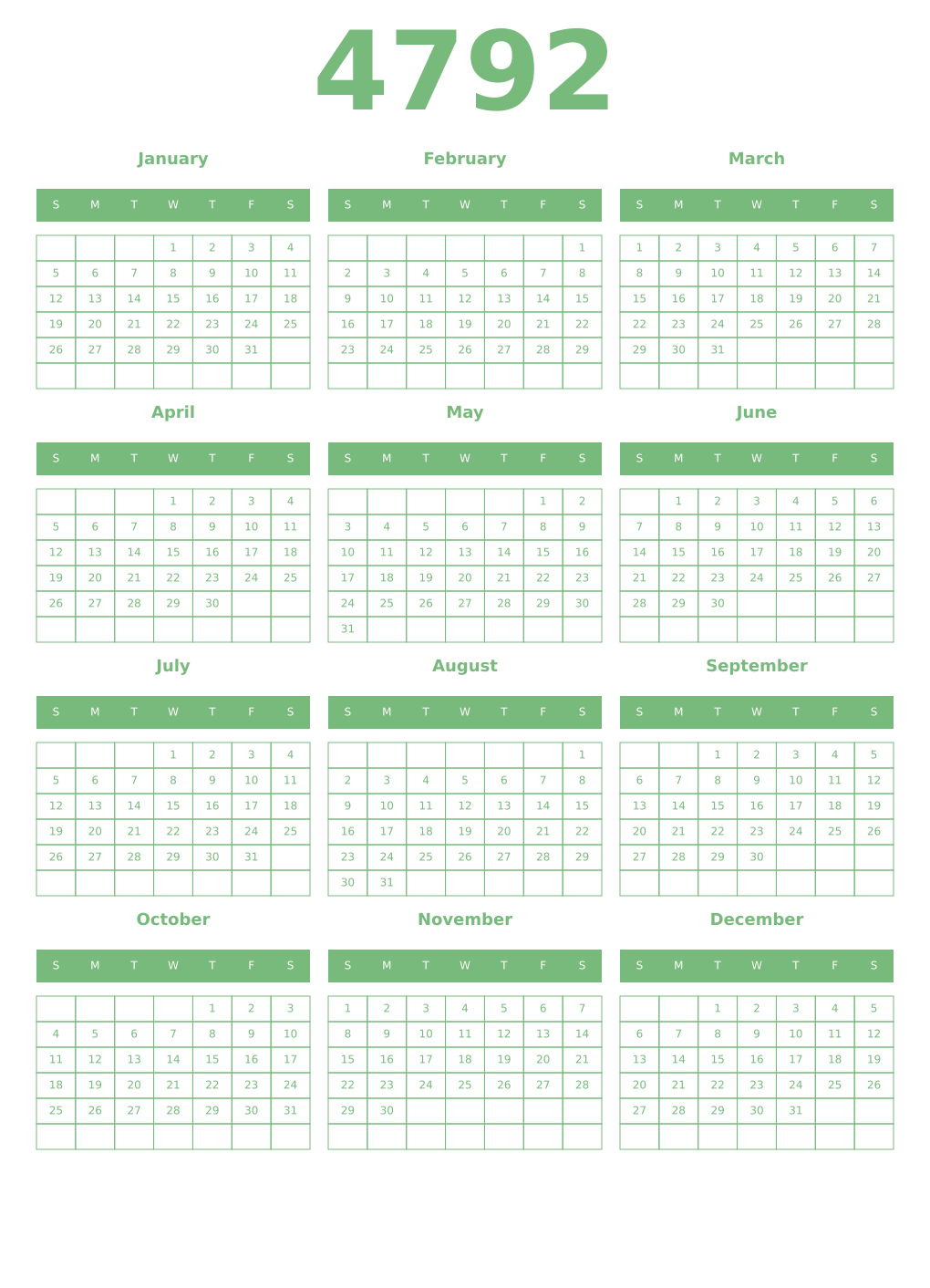 Printable 4792 Year Calendars celadon