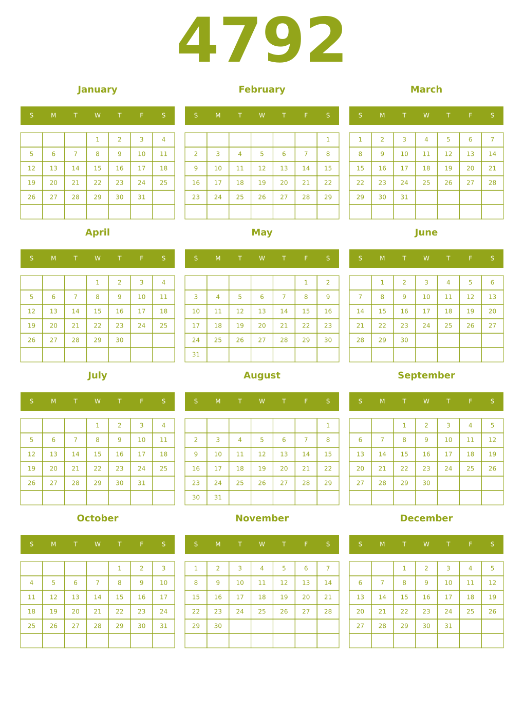 Printable 4792 Year Calendars chartreuse