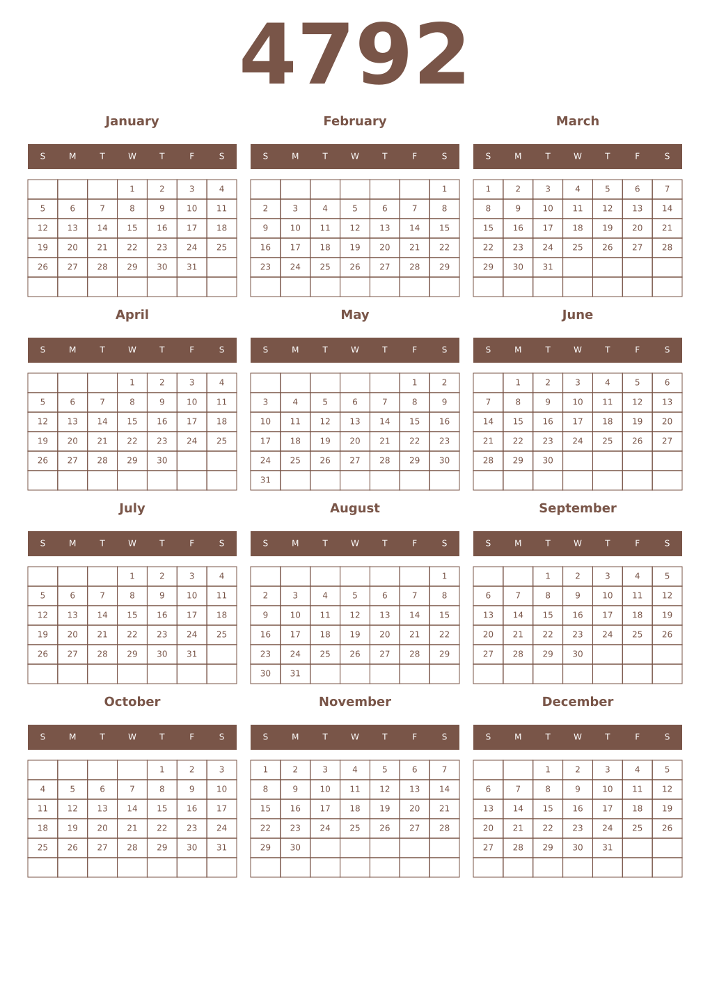 Printable 4792 Year Calendars coffe