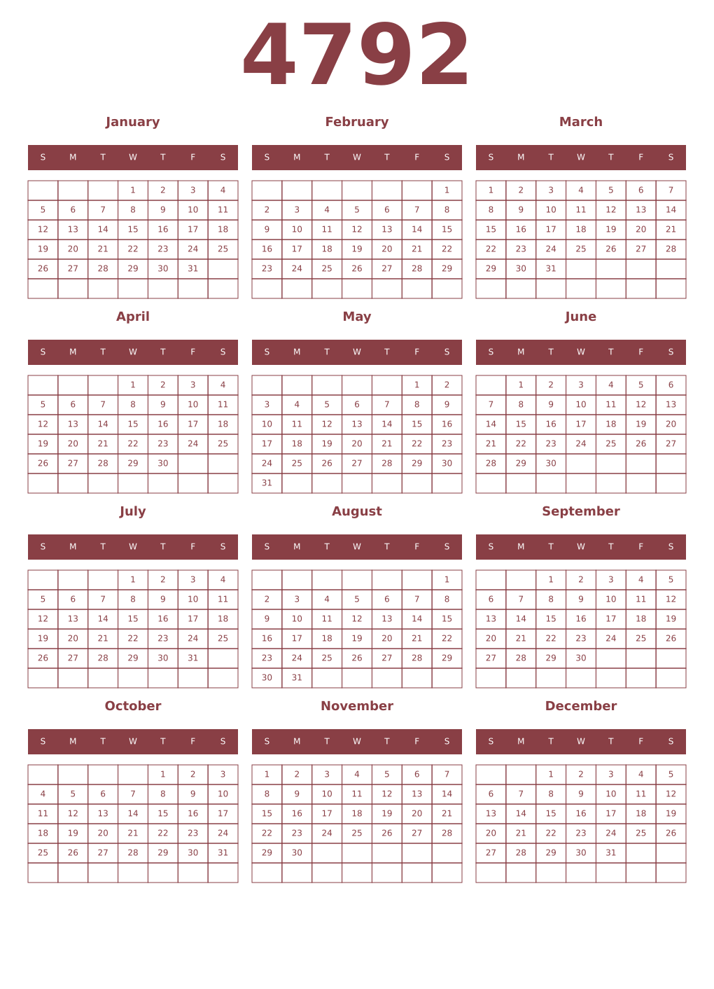 Printable 4792 Year Calendars cordovan