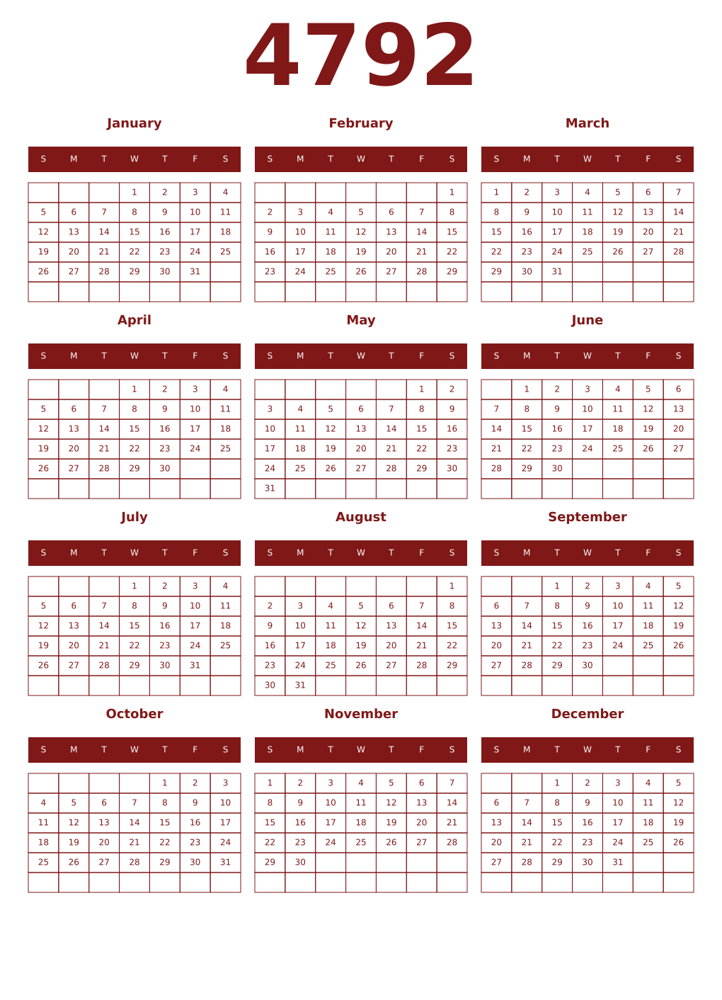 Printable 4792 Year Calendars falu
