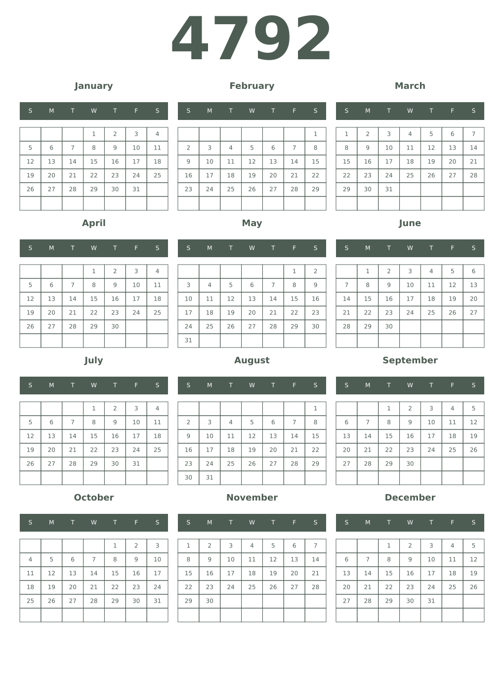 Printable 4792 Year Calendars feldgrau