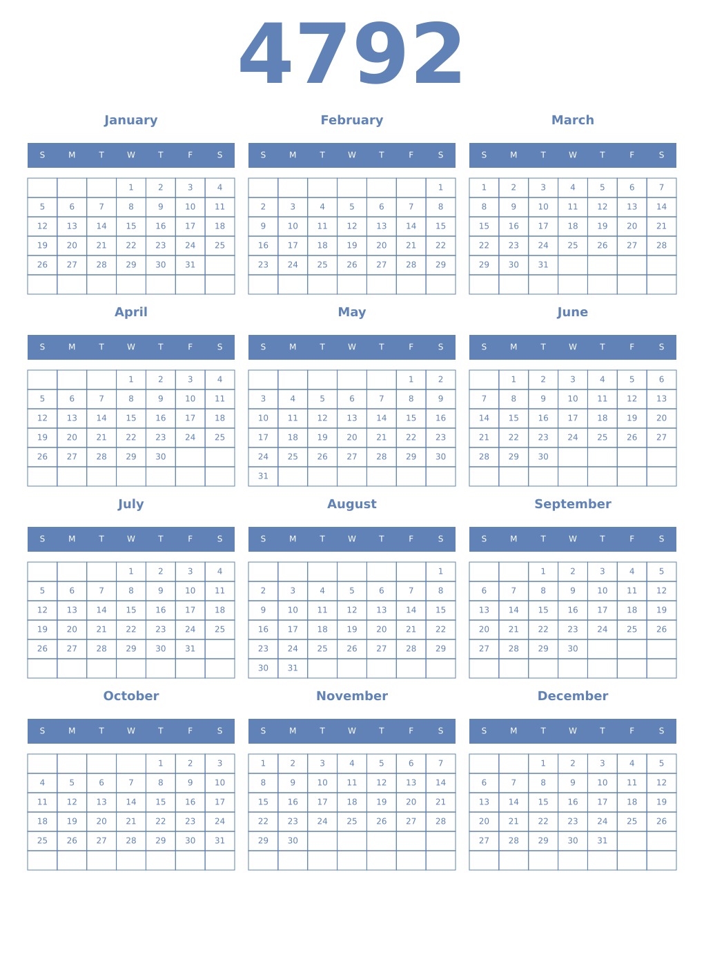 Printable 4792 Year Calendars glaucous