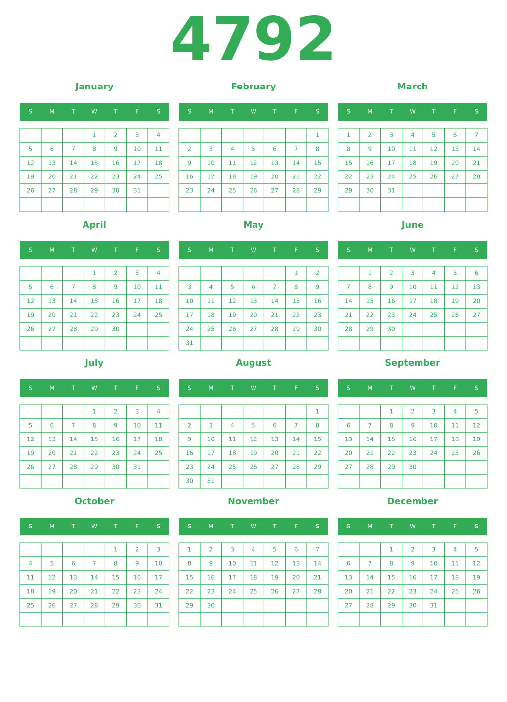 Printable 4792 Year Calendars green