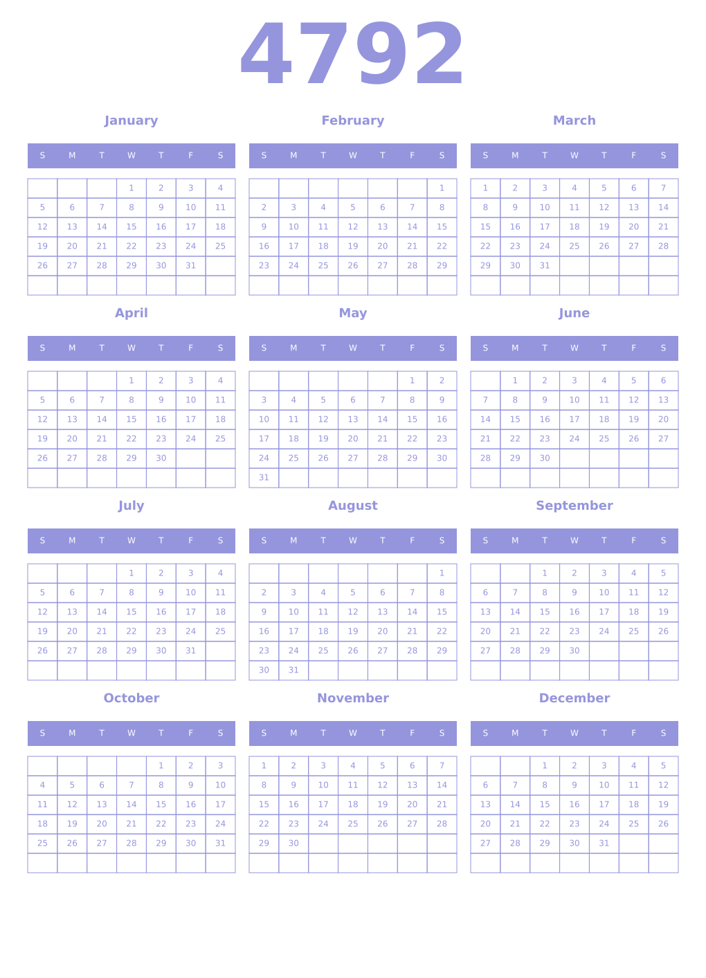 Printable 4792 Year Calendars periwinkle