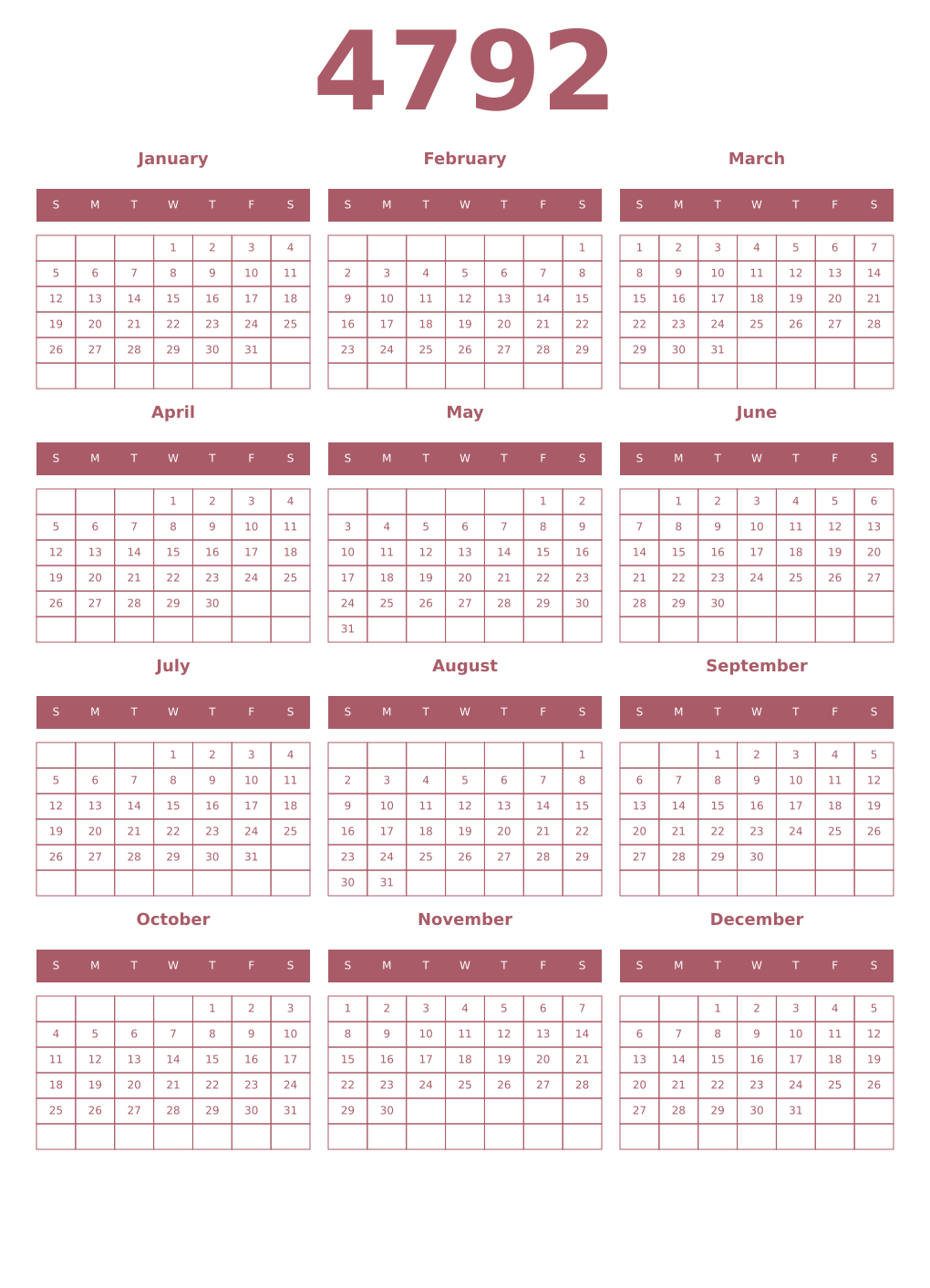 Printable 4792 Year Calendars puce