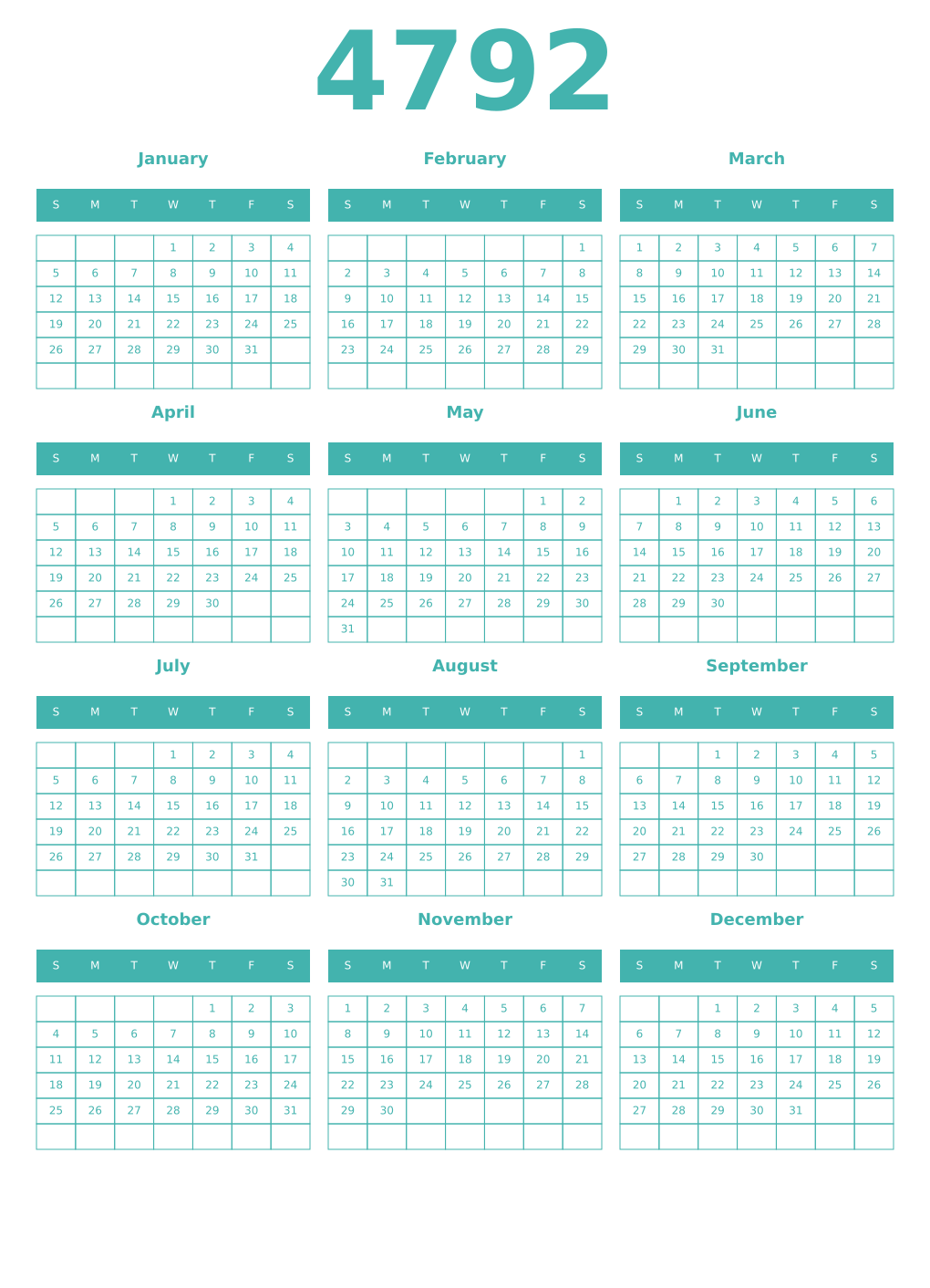Printable 4792 Year Calendars verdigris