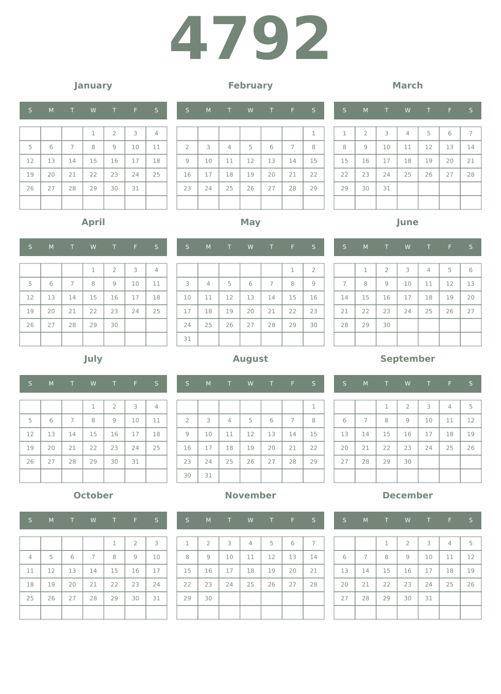 Printable 4792 Year Calendars xanadu