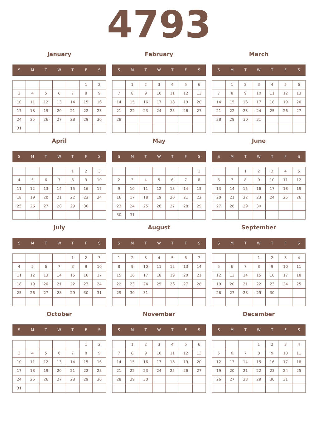 Printable 4793 Year Calendars coffe