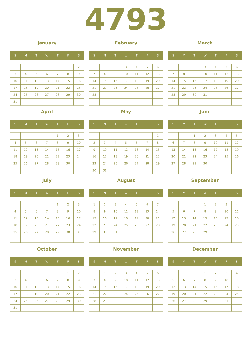 Printable 4793 Year Calendars eburnean