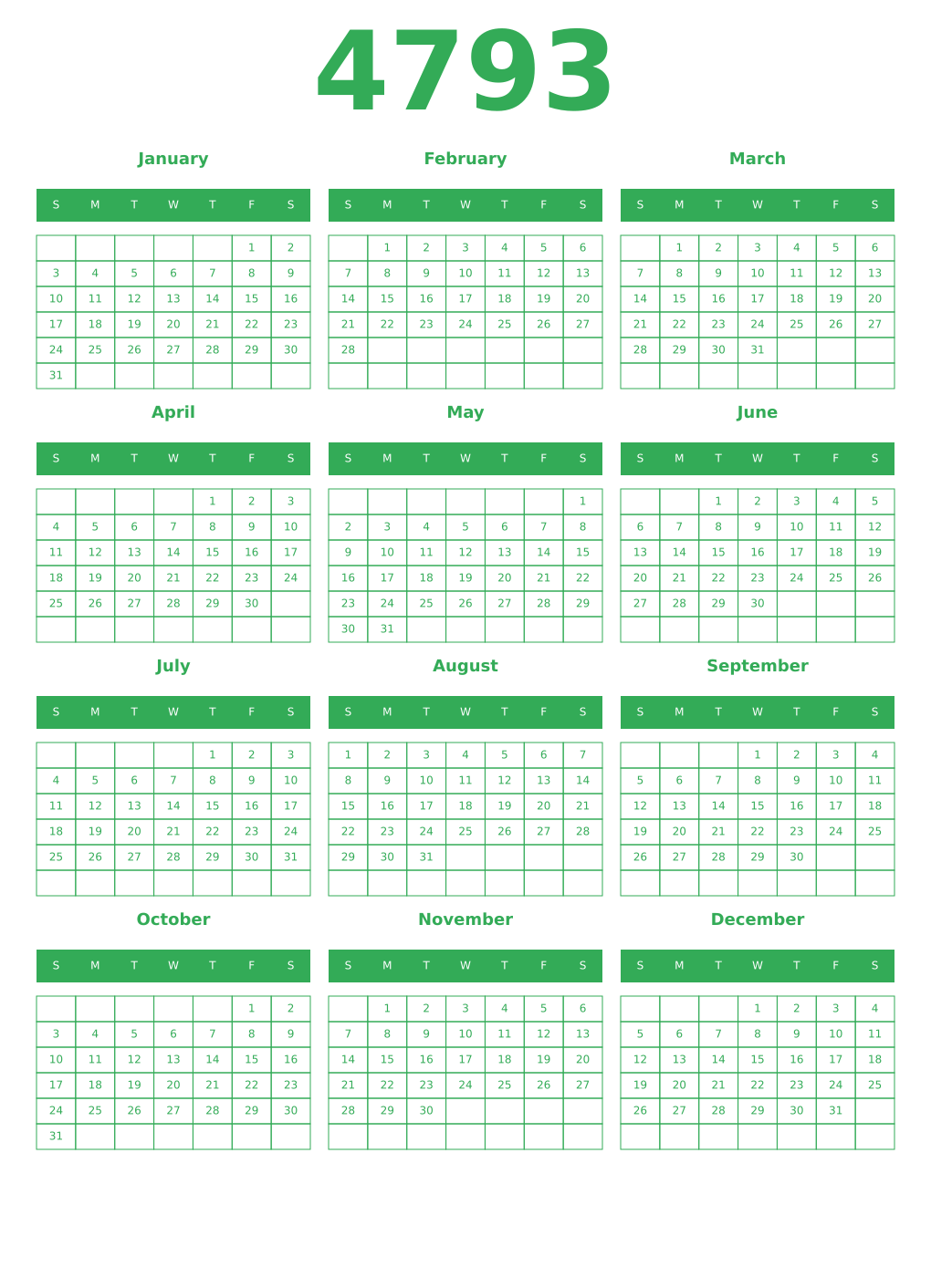 Printable 4793 Year Calendars green